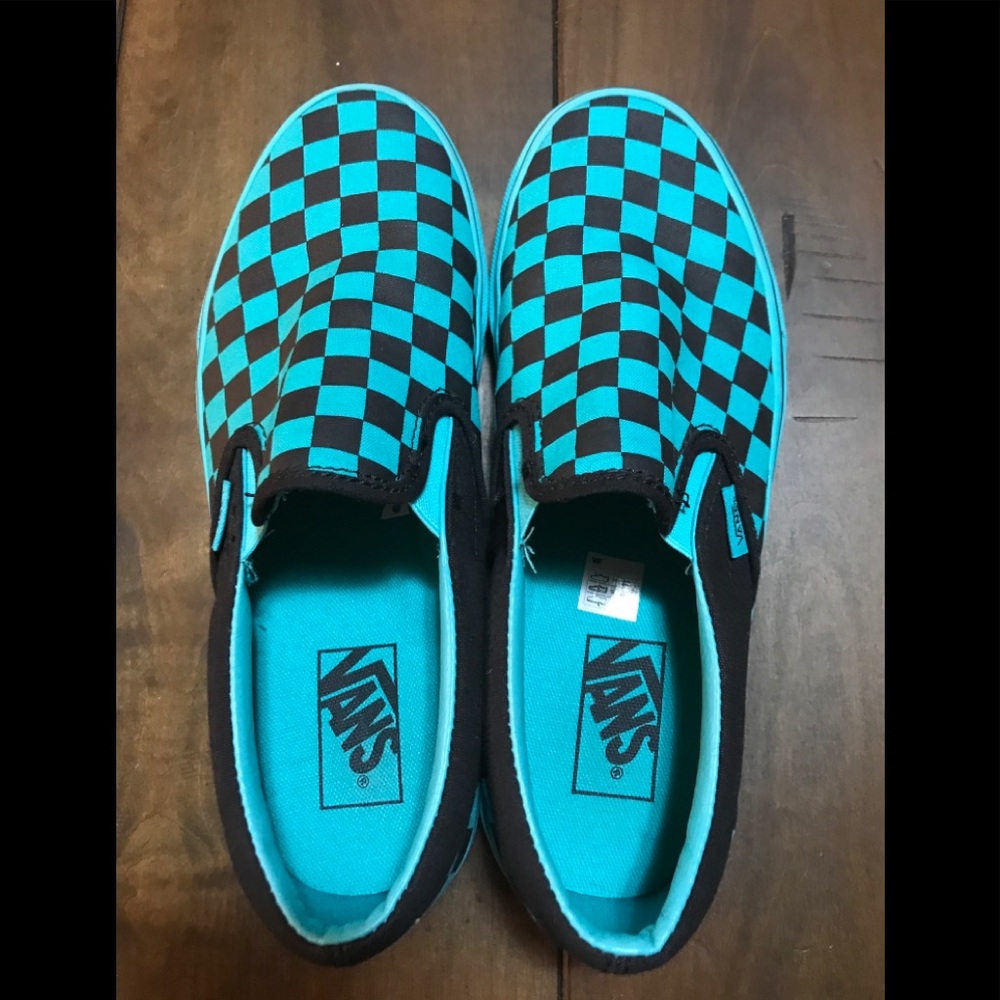 Teal and Black Checkered Slip-on Vans